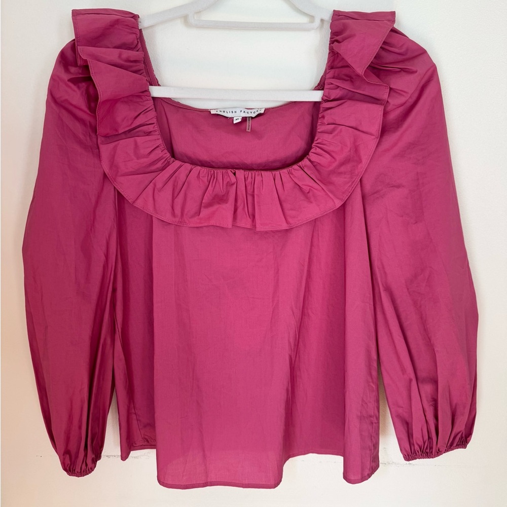 English Factory Pink Puff Sleeve Ruffled Blouse